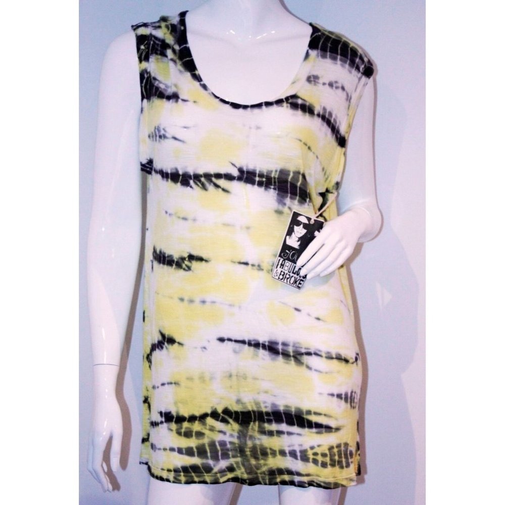 Yfb Young Fabulous & Broke Grey Yellow Tie Dye Oversize Tank Top Shirt Rayon M